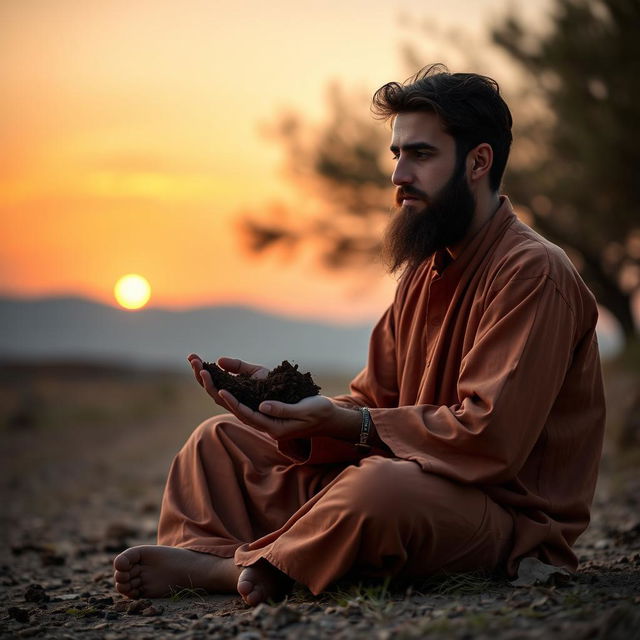 A young Persian man with a light beard is sitting cross-legged on the ground, holding a handful of rich soil in his hand, deeply engaged in conversation with it