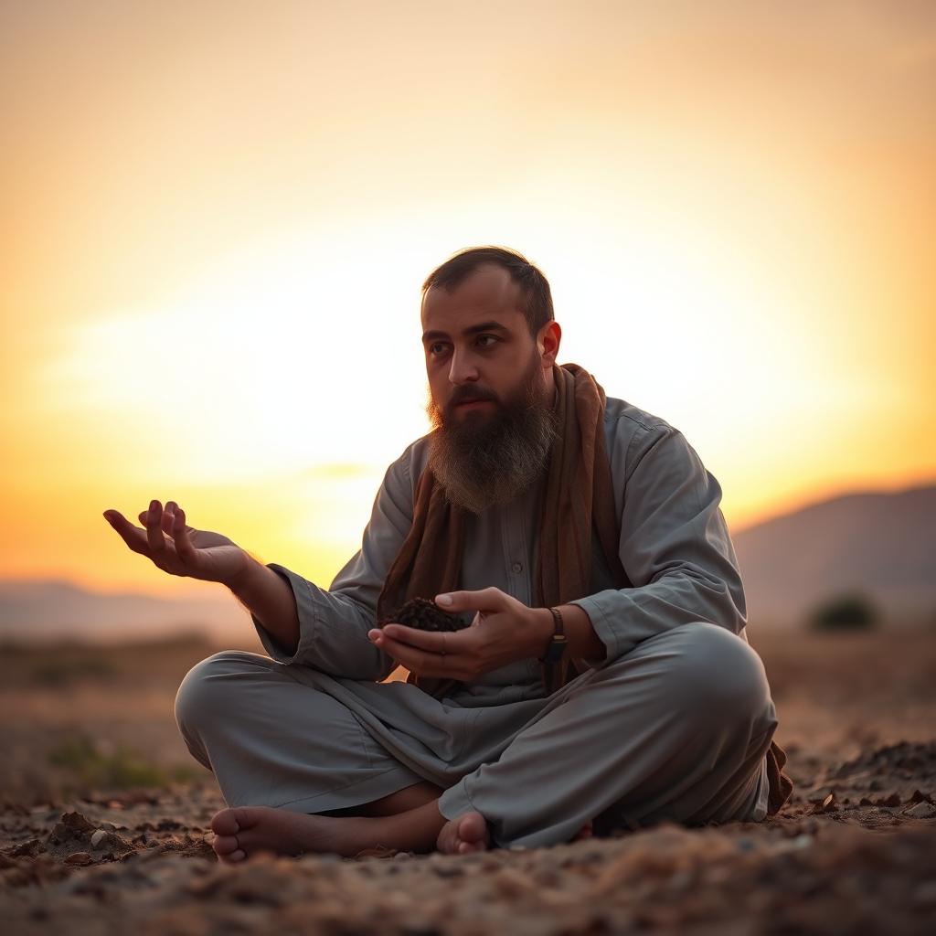 A young Persian man with a light beard is sitting cross-legged on the ground, holding a handful of rich soil in his hand, deeply engaged in conversation with it