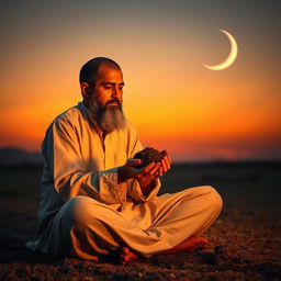 A young Persian man with a light beard is sitting cross-legged on the ground, holding a handful of rich soil in his hand, deeply engaged in conversation with it