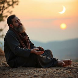 A young Persian man with a light beard is sitting cross-legged on the ground, holding a handful of rich soil in his hand, deeply engaged in conversation with it