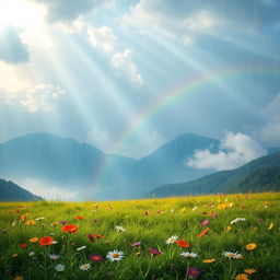 A serene and tranquil scene depicting a heavenly landscape in the midst of gentle rain