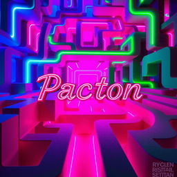 A vibrant neon style maze with intricate pathways, illuminated in bright colors of blue, pink, and green