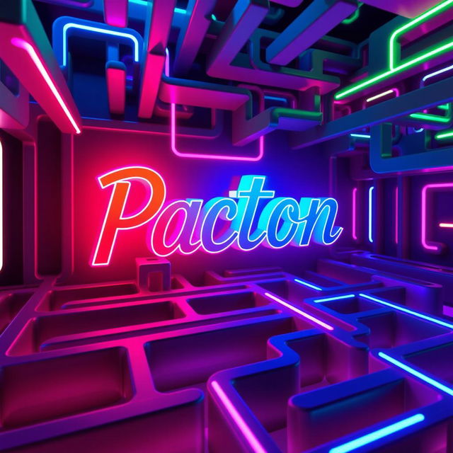 A vibrant neon style maze with intricate pathways, illuminated in bright colors of blue, pink, and green