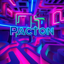 A vibrant neon style maze with intricate pathways, illuminated in bright colors of blue, pink, and green