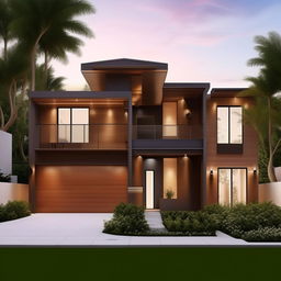 Create an image of a beautifully designed three-story building on a 30ft x 30ft plot. The design includes a right-sided garage and employs elegant, modern architecture.