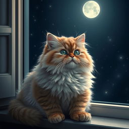 A fluffy Persian cat with luxurious fur, sitting comfortably on a windowsill, intently listening to soft, melodic music