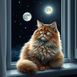 A fluffy Persian cat with luxurious fur, sitting comfortably on a windowsill, intently listening to soft, melodic music