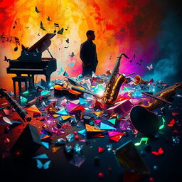 A surreal musical scene titled 'Musique Brisée'