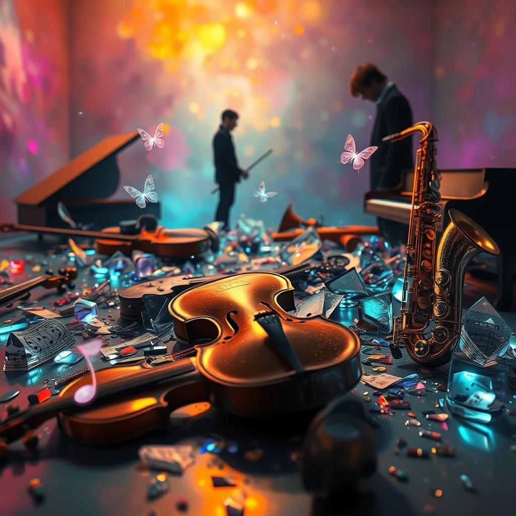A surreal musical scene titled 'Musique Brisée'