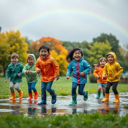 A playful scene of children joyfully playing in the rain, splashing in puddles, wearing colorful raincoats and rubber boots
