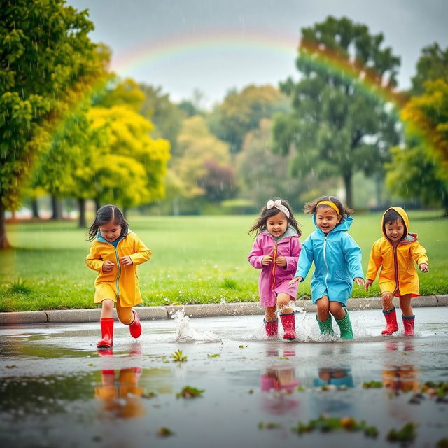 A playful scene of children joyfully playing in the rain, splashing in puddles, wearing colorful raincoats and rubber boots