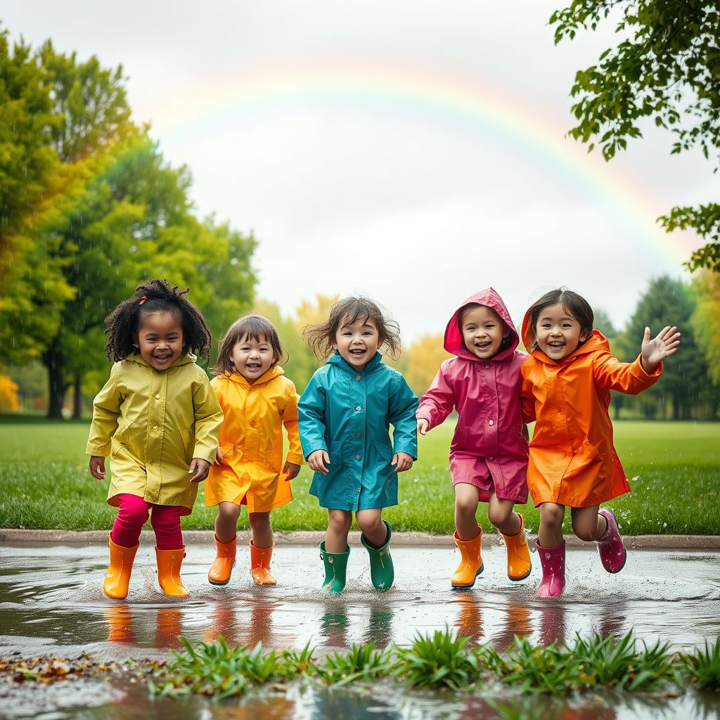 A playful scene of children joyfully playing in the rain, splashing in puddles, wearing colorful raincoats and rubber boots