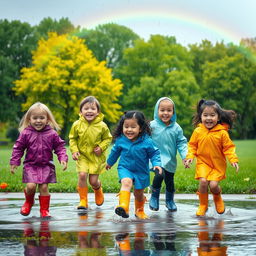 A playful scene of children joyfully playing in the rain, splashing in puddles, wearing colorful raincoats and rubber boots