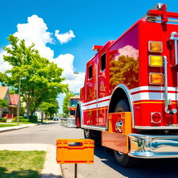 A vivid scene featuring a bright red fire truck parked on a sunny street with an orange colored crate placed next to it