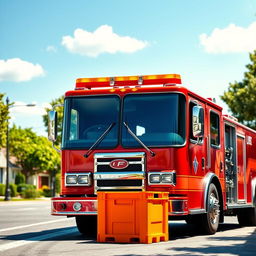 A vivid scene featuring a bright red fire truck parked on a sunny street with an orange colored crate placed next to it