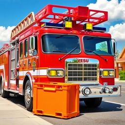 A vivid scene featuring a bright red fire truck parked on a sunny street with an orange colored crate placed next to it