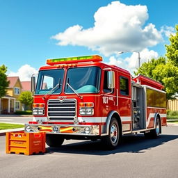 A vivid scene featuring a bright red fire truck parked on a sunny street with an orange colored crate placed next to it