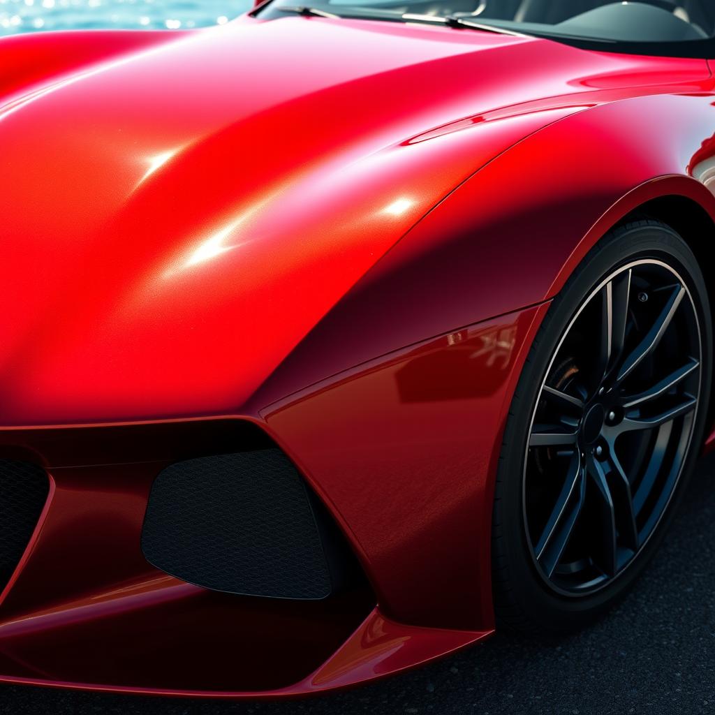 A stunning, high-definition close-up of a sleek, modern sports car body, showcasing the smooth curves and impeccable paintwork in a bright metallic red finish