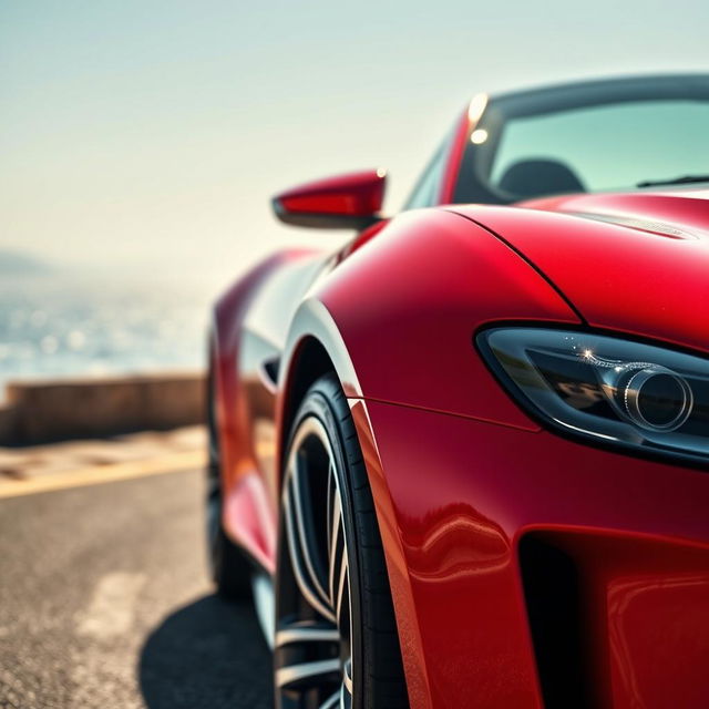 A stunning, high-definition close-up of a sleek, modern sports car body, showcasing the smooth curves and impeccable paintwork in a bright metallic red finish