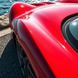 A stunning, high-definition close-up of a sleek, modern sports car body, showcasing the smooth curves and impeccable paintwork in a bright metallic red finish