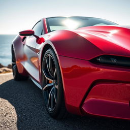 A stunning, high-definition close-up of a sleek, modern sports car body, showcasing the smooth curves and impeccable paintwork in a bright metallic red finish