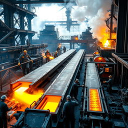 A bustling hot mill area, showcasing a dynamic and industrial atmosphere