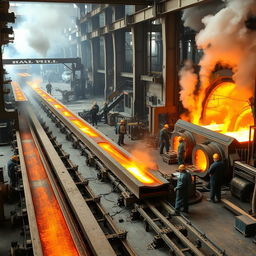 A bustling hot mill area, showcasing a dynamic and industrial atmosphere