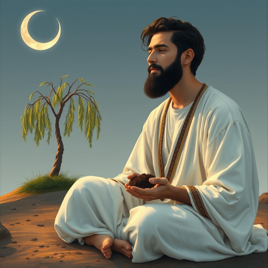 A young Iranian man with a soft black beard, dressed in a traditional white outfit resembling garments from the 7th century AH (Islamic calendar), sits on the ground