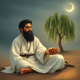 A young Iranian man with a soft black beard, dressed in a traditional white outfit resembling garments from the 7th century AH (Islamic calendar), sits on the ground