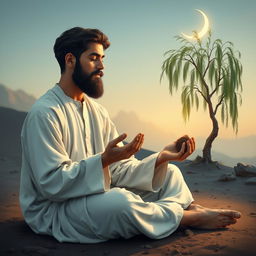 A young Iranian man with a soft black beard, dressed in a traditional white outfit resembling garments from the 7th century AH (Islamic calendar), sits on the ground