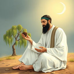 A young Iranian man with a soft black beard, dressed in a traditional white outfit resembling garments from the 7th century AH (Islamic calendar), sits on the ground