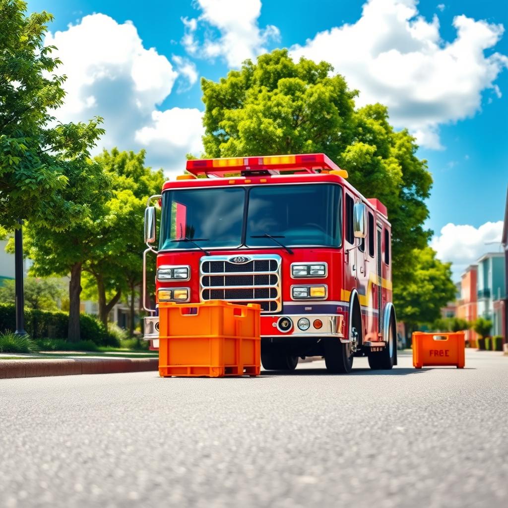 A vivid scene featuring a bright red fire truck parked on a sunny street with an orange colored crate positioned beside it