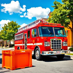 A vivid scene featuring a bright red fire truck parked on a sunny street with an orange colored crate positioned beside it