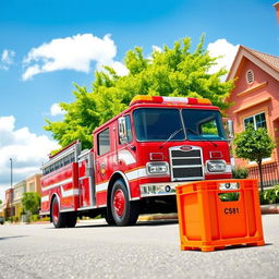 A vivid scene featuring a bright red fire truck parked on a sunny street with an orange colored crate positioned beside it