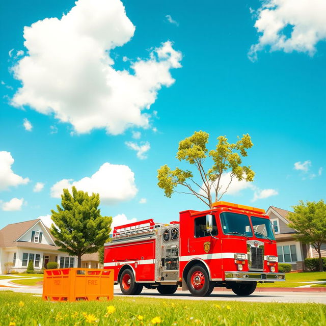 A vivid scene featuring a bright red fire truck parked on a sunny street with an orange colored crate positioned beside it