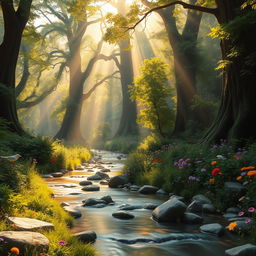 A vibrant, ethereal forest landscape bathed in golden sunlight, with towering ancient trees and lush green foliage