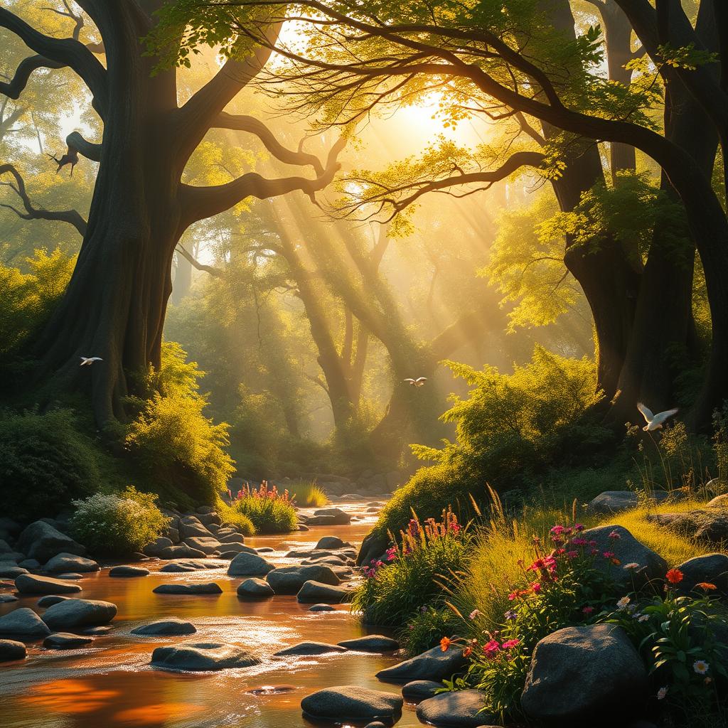 A vibrant, ethereal forest landscape bathed in golden sunlight, with towering ancient trees and lush green foliage