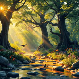 A vibrant, ethereal forest landscape bathed in golden sunlight, with towering ancient trees and lush green foliage