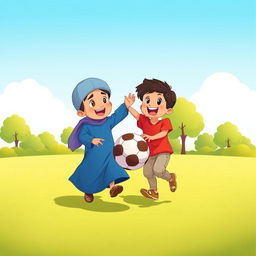 A charming cartoon illustration of two Muslim brothers joyfully playing with a ball in the middle of a sunny park
