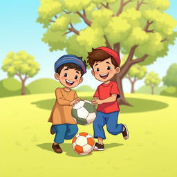 A charming cartoon illustration of two Muslim brothers joyfully playing with a ball in the middle of a sunny park
