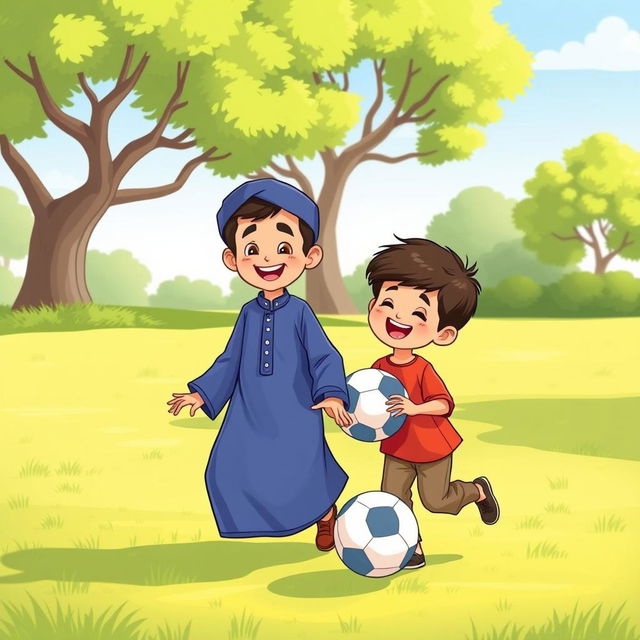 A charming cartoon illustration of two Muslim brothers joyfully playing with a ball in the middle of a sunny park