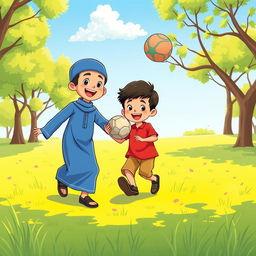 A charming cartoon illustration of two Muslim brothers joyfully playing with a ball in the middle of a sunny park