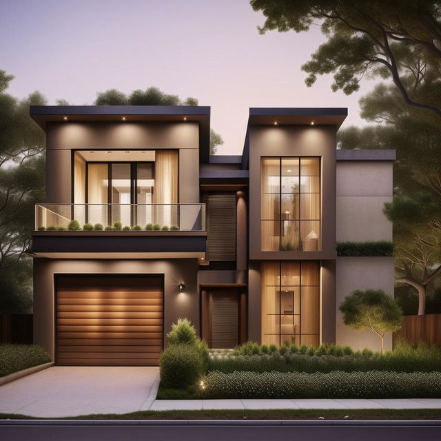 Create an image of a beautifully designed three-story building on a 30ft x 30ft plot. The design includes a right-sided garage and employs elegant, modern architecture.