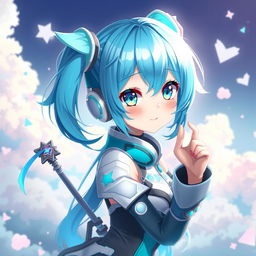 A stunning digital art piece featuring a blue-haired anime girl, with vibrant teal highlights and large expressive eyes