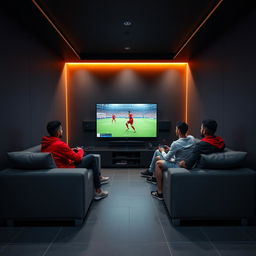 A vibrant scene of Egyptian youth sitting comfortably on a modern gray couch, immersed in a gaming session in a cozy, closed room