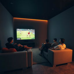 A vibrant scene of Egyptian youth sitting comfortably on a modern gray couch, immersed in a gaming session in a cozy, closed room