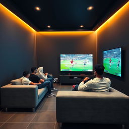 A vibrant scene of Egyptian youth sitting comfortably on a modern gray couch, immersed in a gaming session in a cozy, closed room