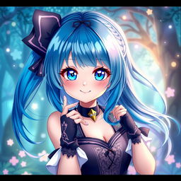 A mesmerizing digital art piece showcasing a blue-haired anime girl, her hair flowing elegantly with shades of azure and sapphire