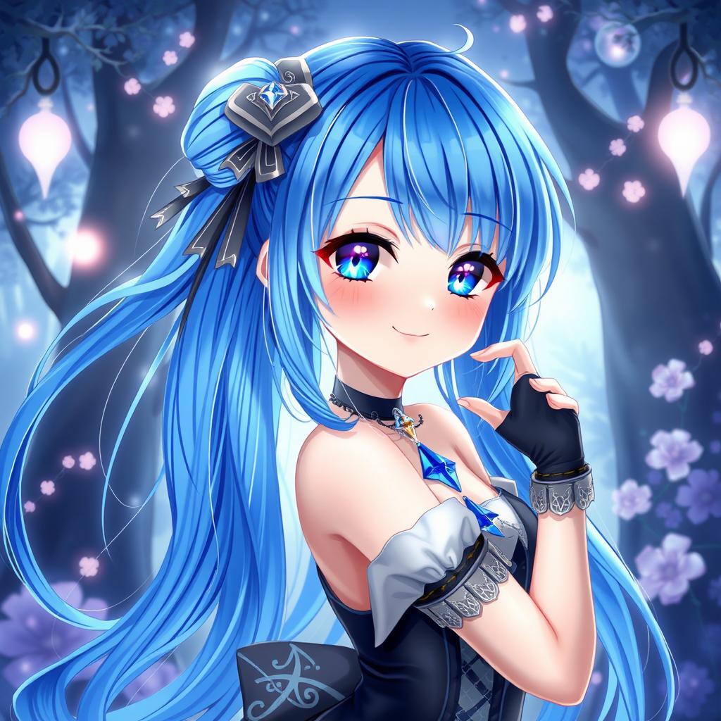 A mesmerizing digital art piece showcasing a blue-haired anime girl, her hair flowing elegantly with shades of azure and sapphire