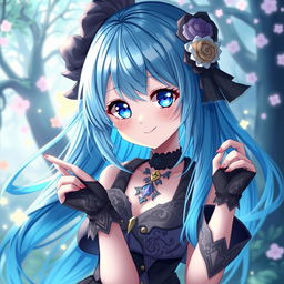 A mesmerizing digital art piece showcasing a blue-haired anime girl, her hair flowing elegantly with shades of azure and sapphire